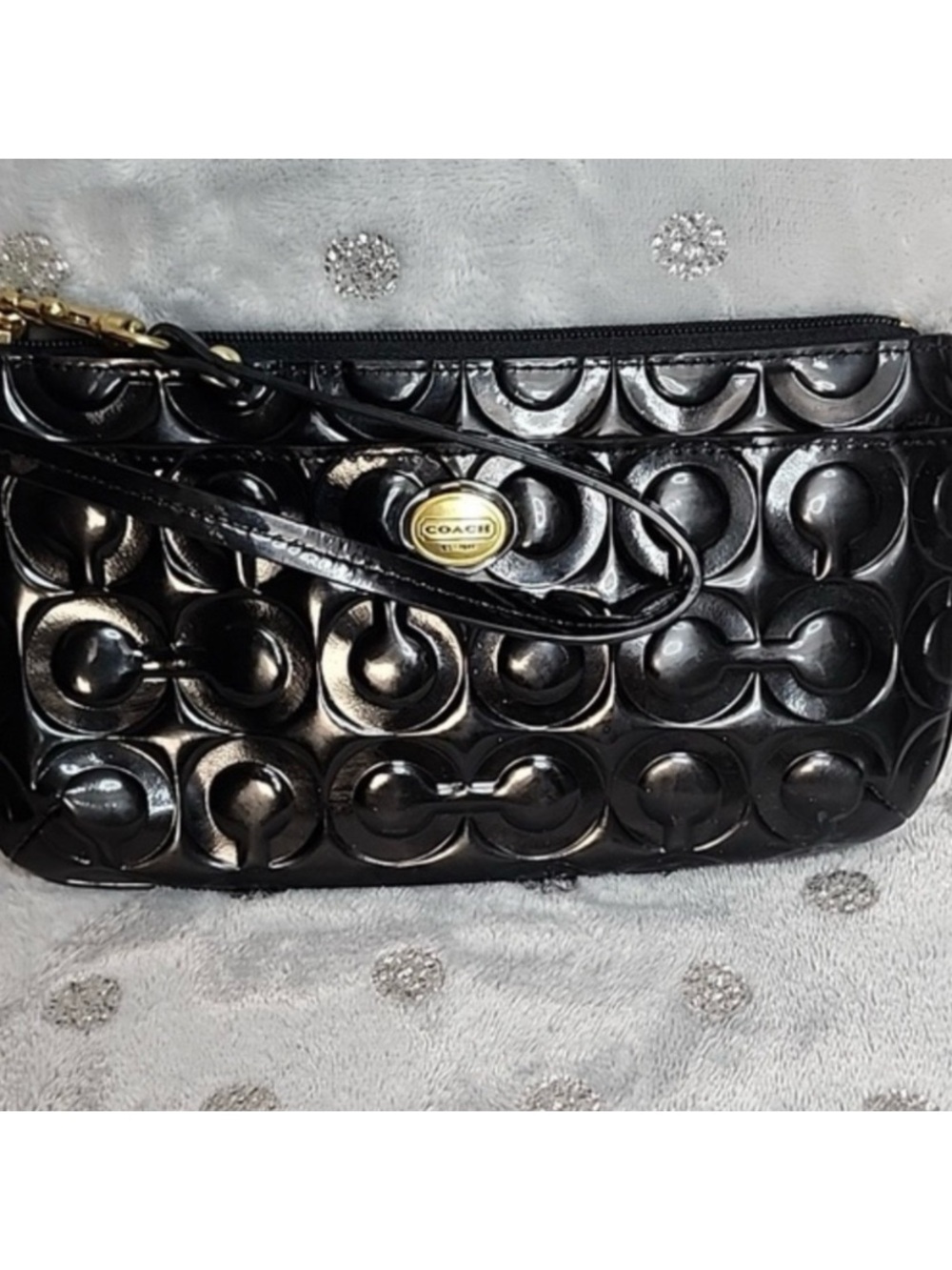 Coach Black Patent Leather Wristlet with Gold-Tone Logo